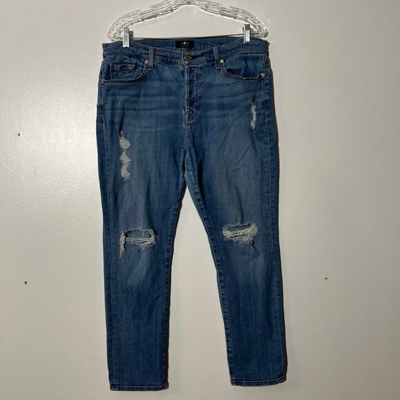 7 For All Mankind Josefina Slim Fit Distressed Blue Denim Jeans Women’s Size 16 - Picture 1 of 8
